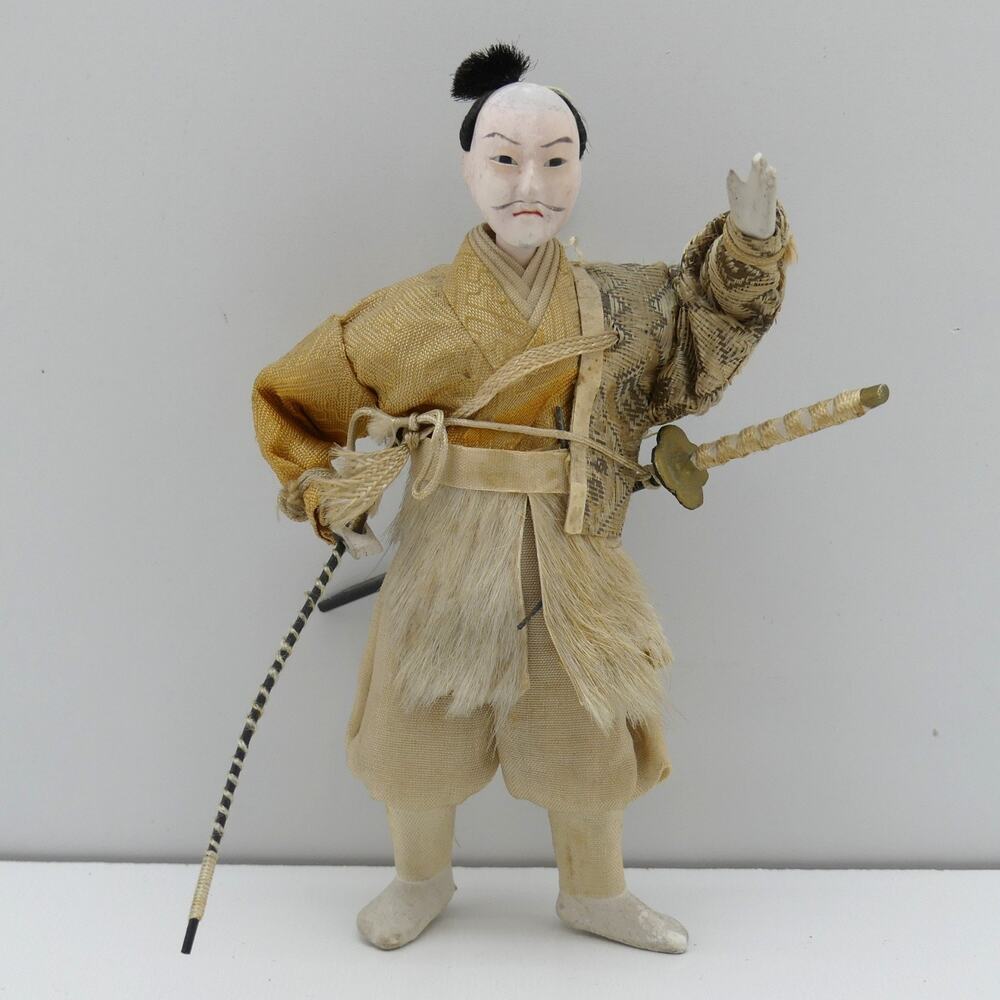 Rare Antique 19th C Japanese Gofun Samurai Warrior Doll Figure Handmade w Katana